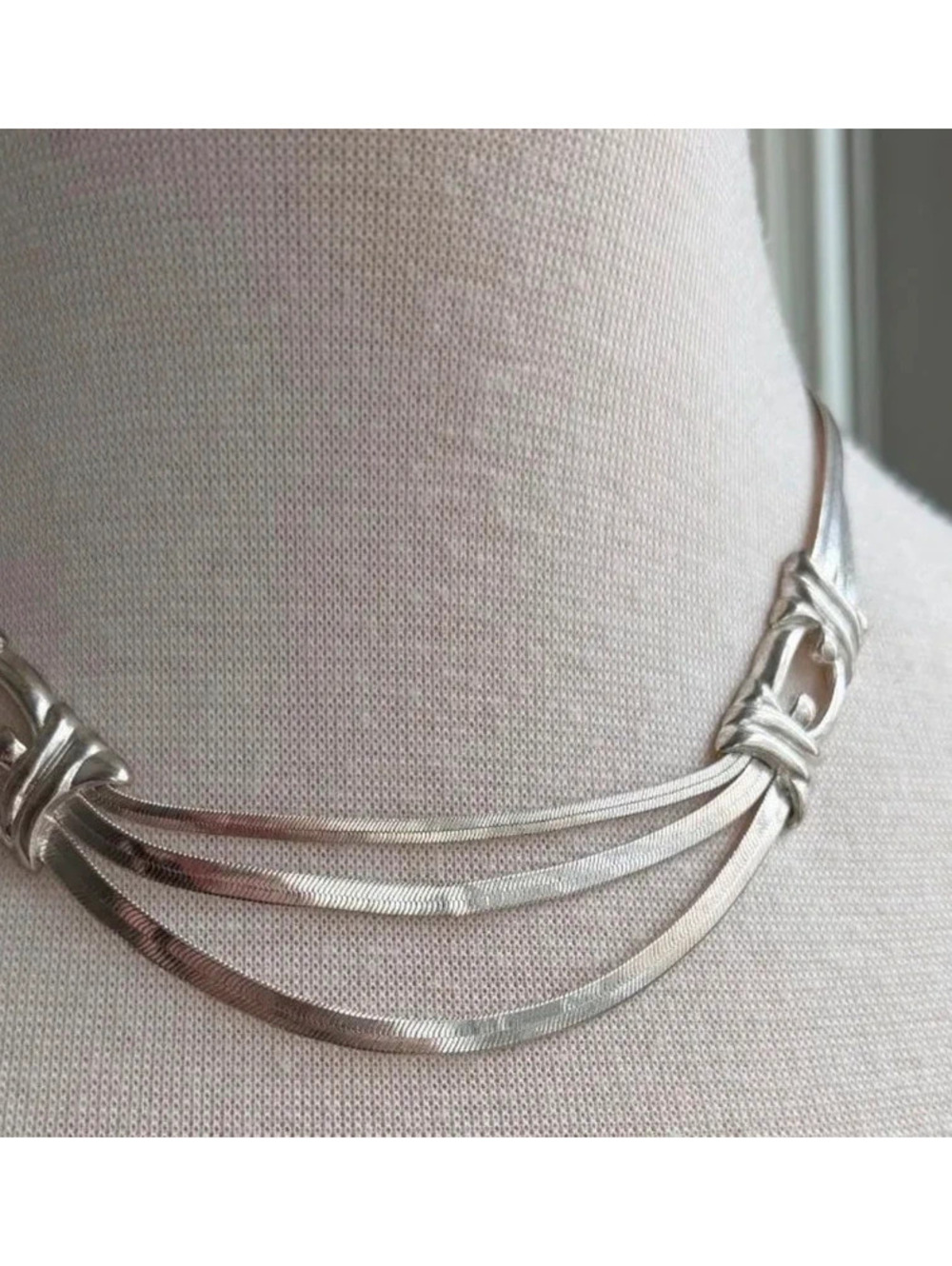Rare Vintage Crown Trifari Silver Tone Triple Herringbone Neckl